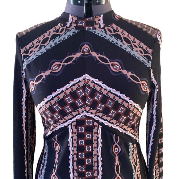 Free People Stella Graphic Long Sleeve Mini Dress M Zip Back Geometric MockNeck - Picture 8 of 15